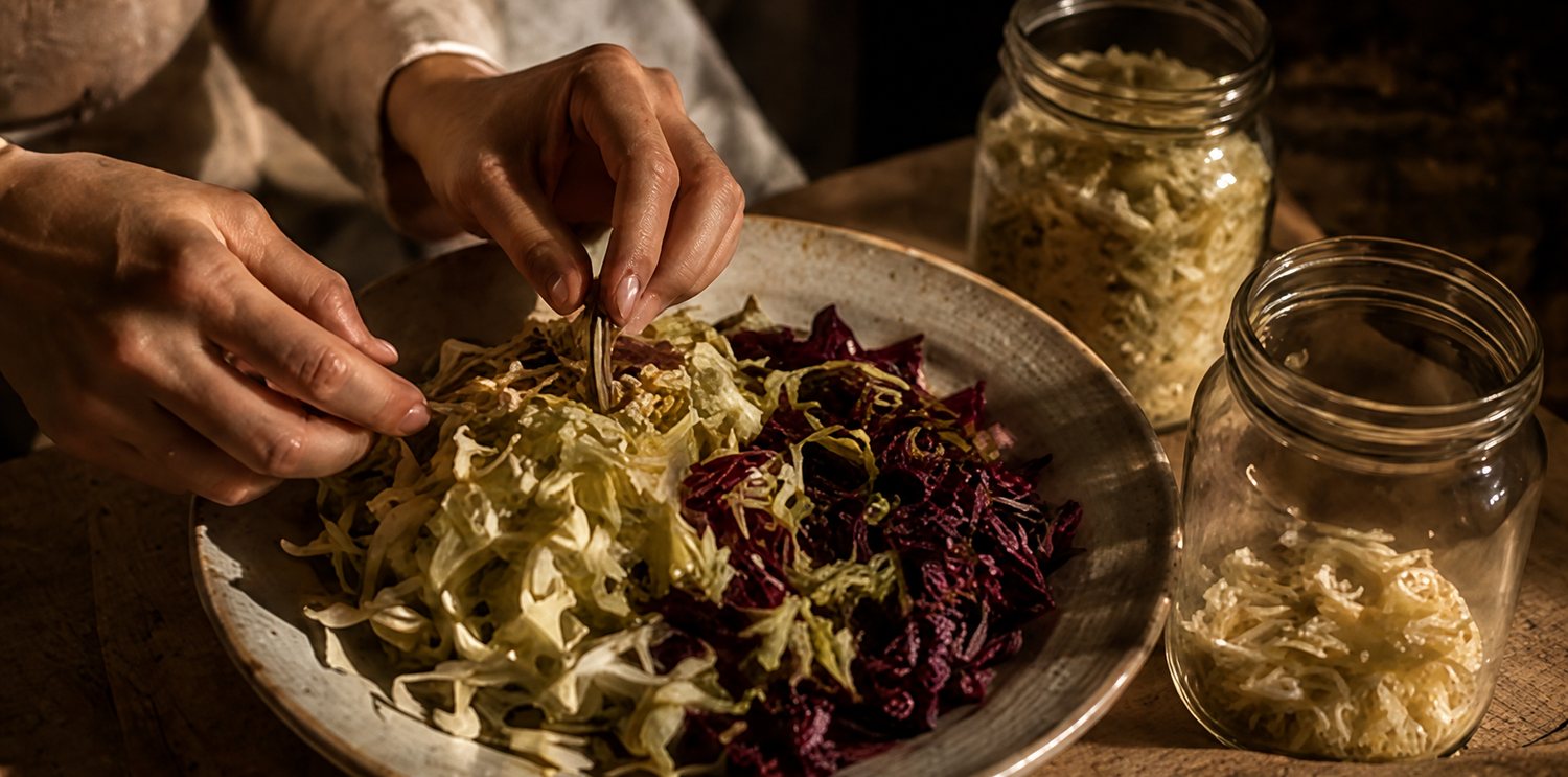 Hände bereiten fermentiertes Gemüse in einer Schale zu, im Hintergrund Gläser mit Sauerkraut