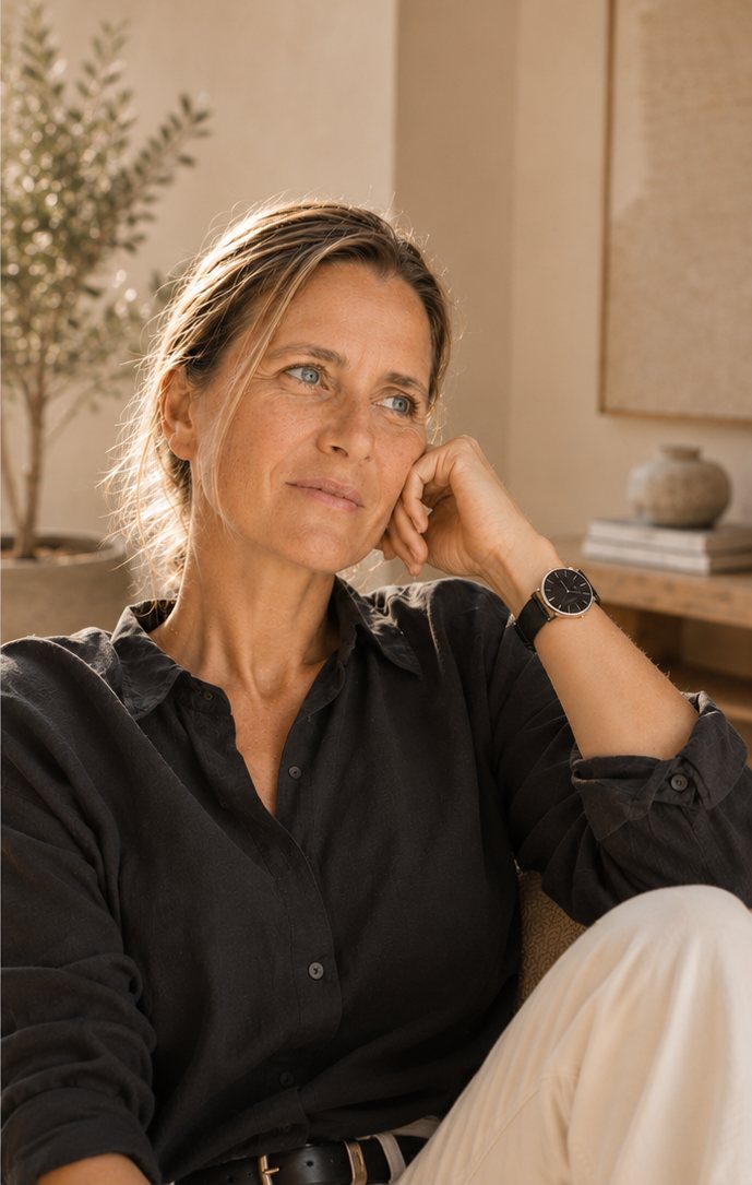 Heidi sitzt nachdenklich lächelnd, Kinn auf der Hand, Olivenbaum im Hintergrund