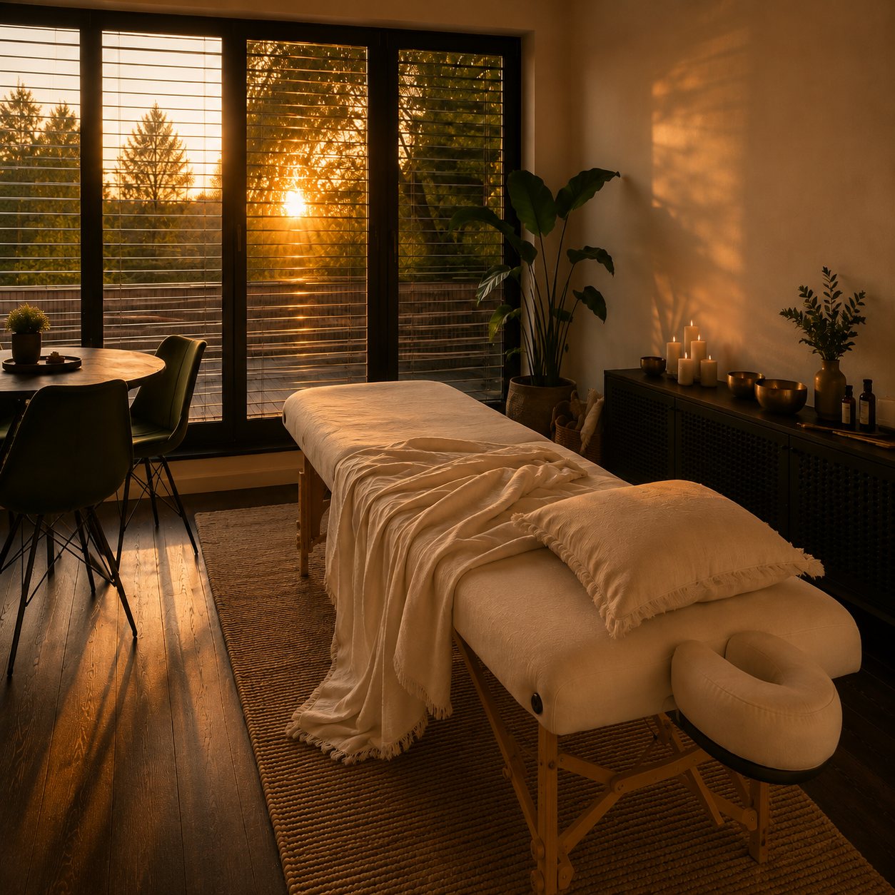 Massageliege im warmen Abendlicht mit Blick auf den Sonnenuntergang